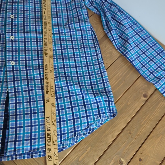 Bugatchi Men’s Blue Plaid Long Sleeve Flip Cuff Button up Shirt - Picture 7 of 14